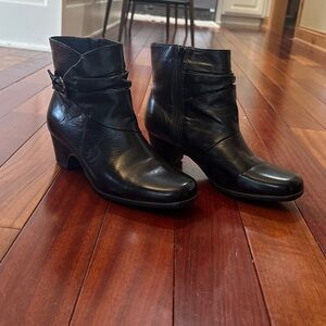 Clarks Black Leather Ankle Booties with Side Zip